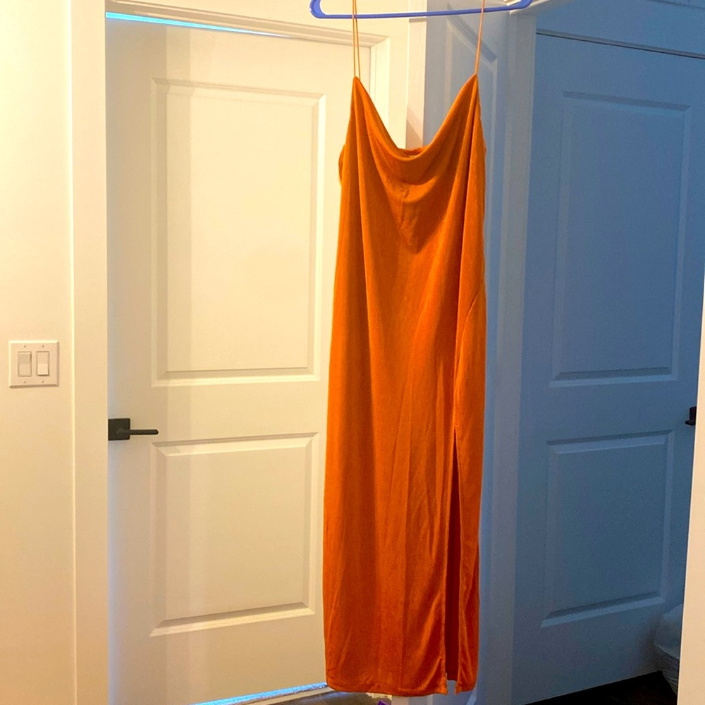 Orange midi shimmery dress with spaghetti straps. By Petal + Pup. US 12/UK 16.